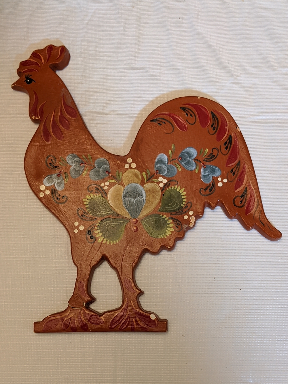 Rooster Handpainted Tole Clay Wall Art Vintage Rustic Folk Art Swedish Floral